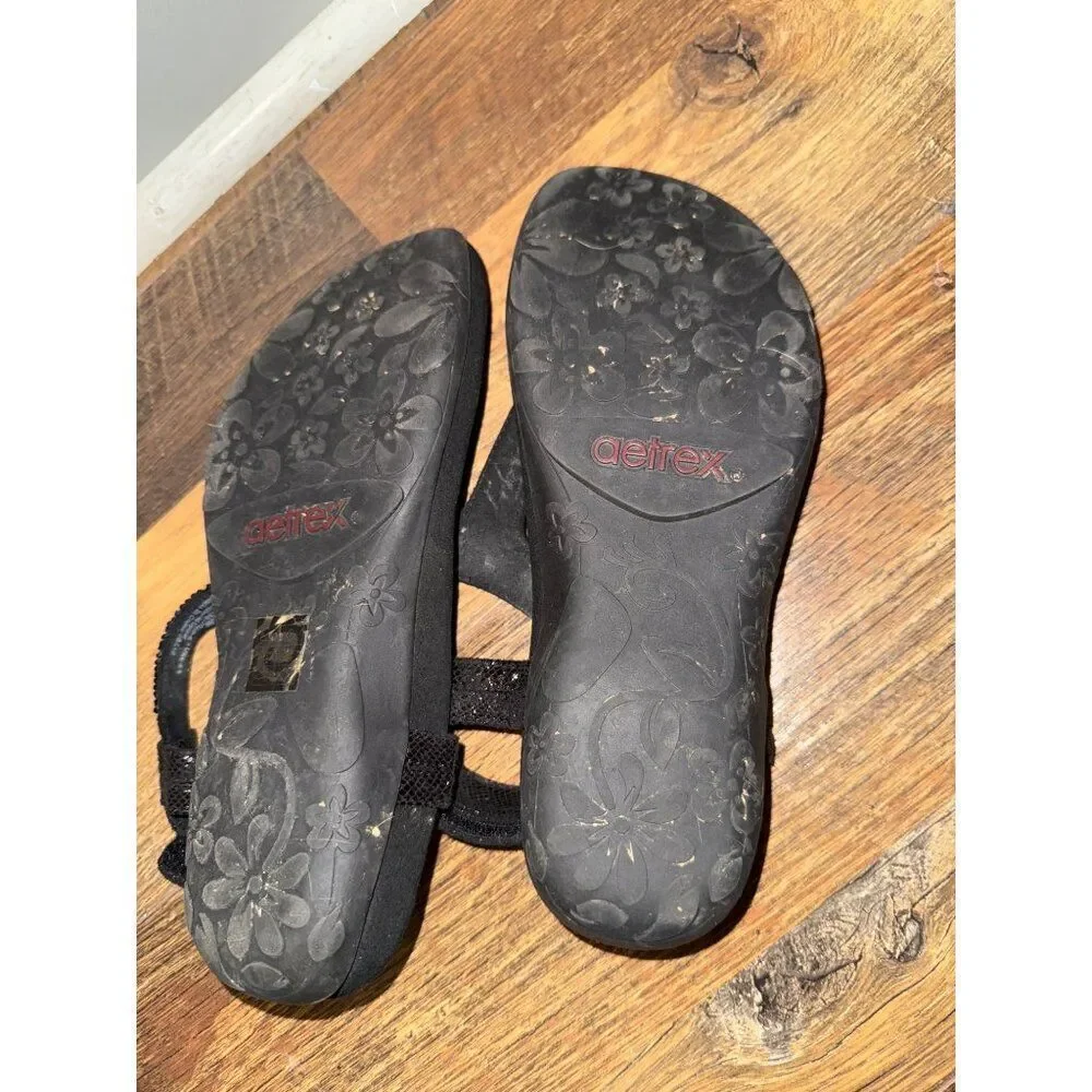 Aetrex Jade Sparkle Orthotic Thong‎ Sandal Black Size 6-6.5